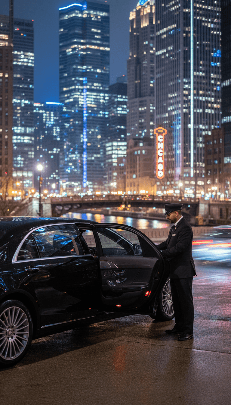 Professional black car luxury sedan with chauffeur in Chicago downtown at night modern buildings