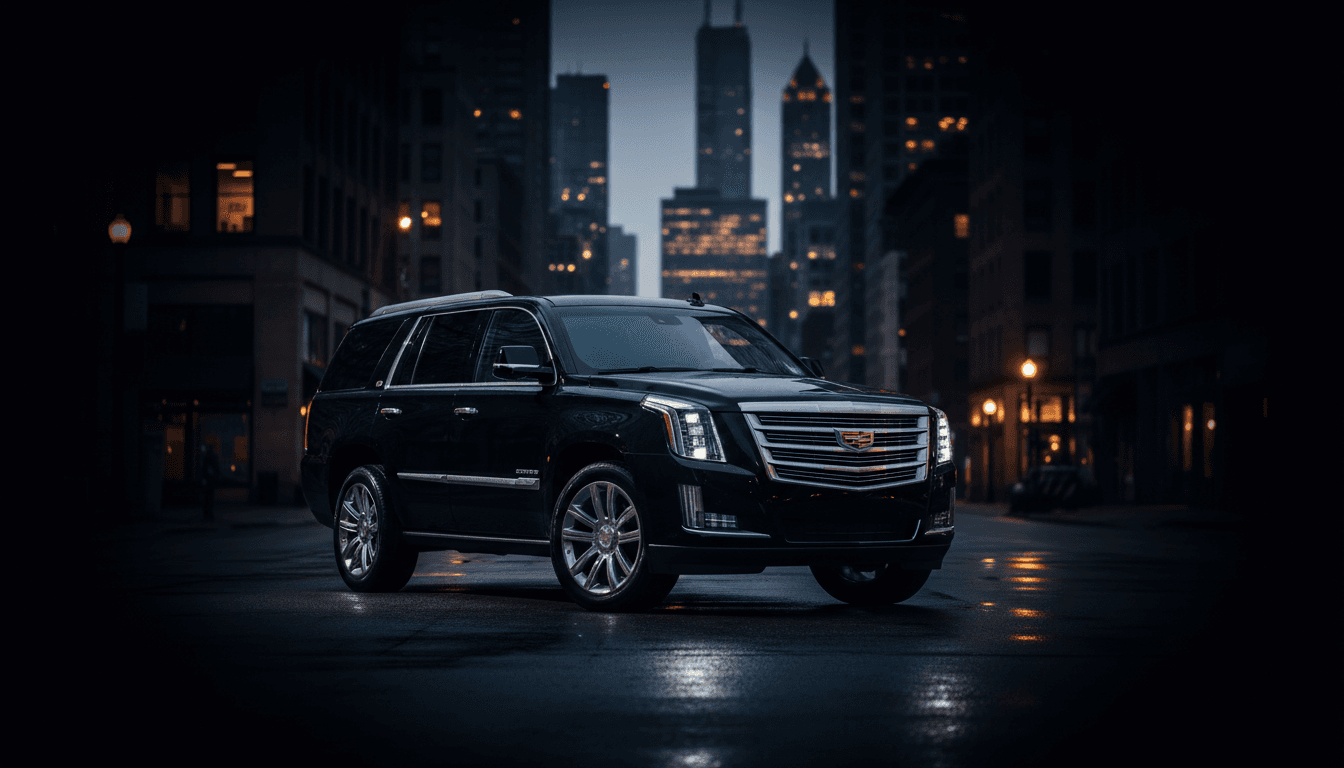 Premium black Cadillac Escalade with Chicago skyline backdrop